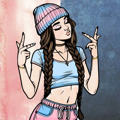 realistic teenage girl with braids and a beanie and crop top doing 🫶🏼