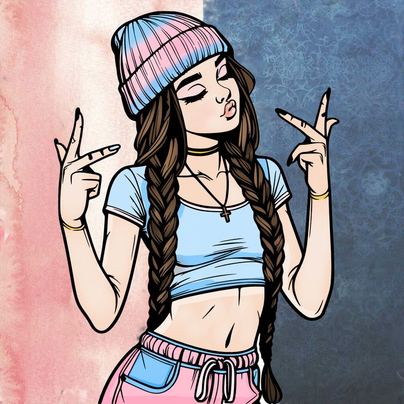 realistic teenage girl with braids and a beanie and crop top doing 🫶🏼