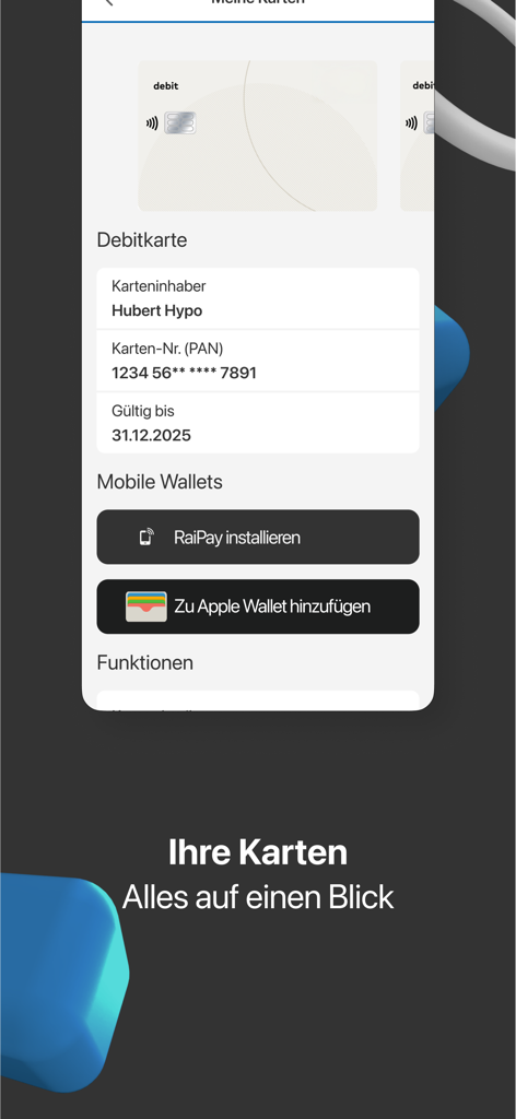 HYPO Mein ELBA-App - Mobile Banking App-Bildschirm mit Debitkartendetails und Schaltflächen zum Hinzufügen zur Apple Wallet oder RaiPay.