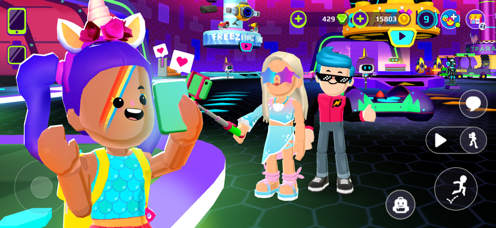 PK XD: Fun, friends & games - Tre avatar personalizzati colorati in PK XD che posano per un selfie in un mondo virtuale al neon