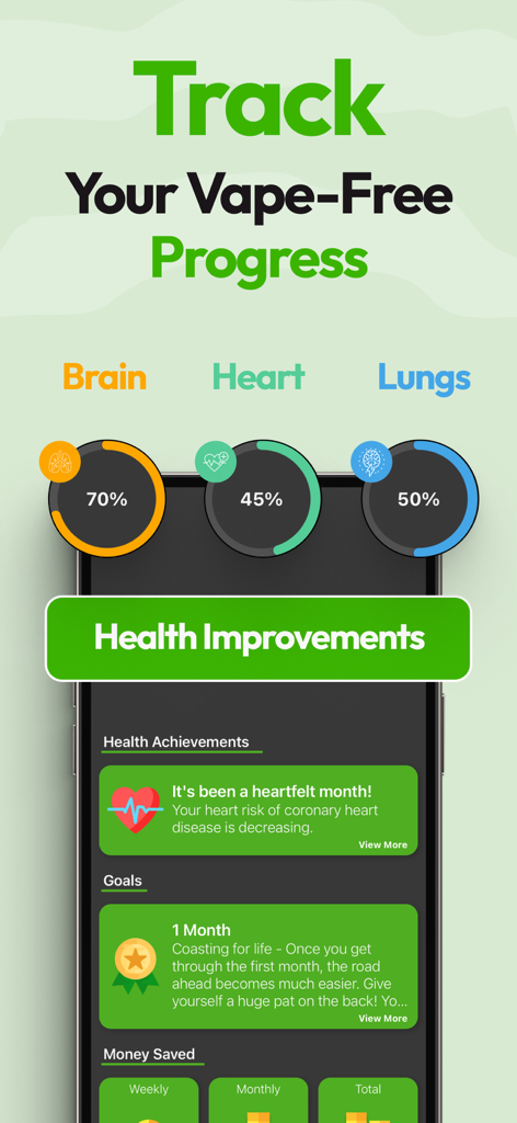 Quit Vaping app dashboard showing health improvement percentages for brain heart and lungs