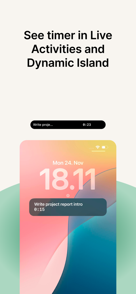 FlowStack: Focus Task Timer - Timer de foco do FlowStack exibido na Ilha Dinâmica e como uma Atividade ao Vivo na tela de bloqueio do iPhone