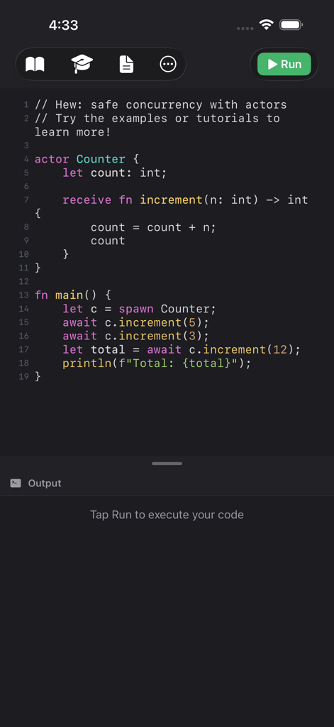 Hew Playground - Mobile code editor interface of Hew Playground showing actor based concurrency code and a run button
