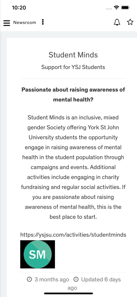 A newsroom post in the MyYSJ app about a student mental health society