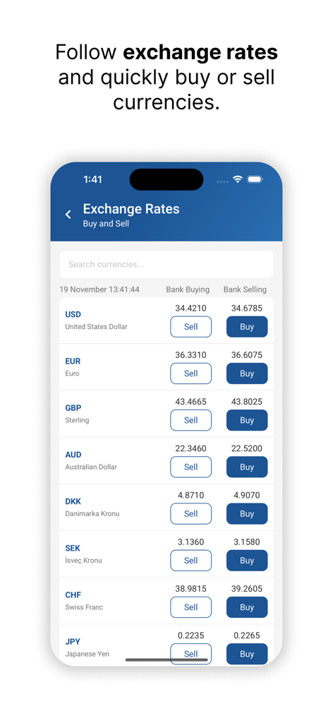 iktisatbank - Interfaz de la aplicación Iktisatbank para ver tipos de cambio en vivo y comprar o vender divisas.