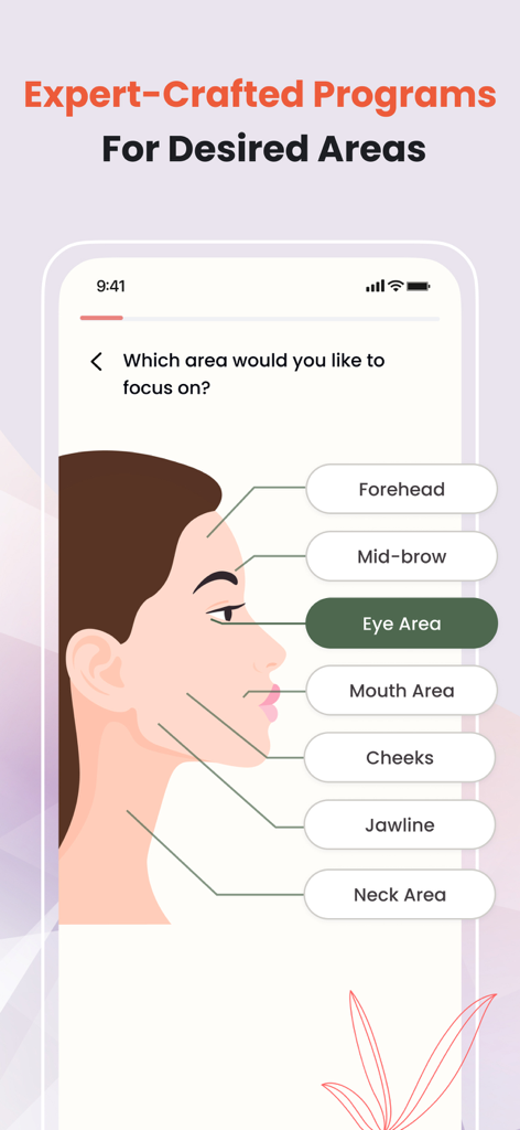 Young Face: Face Yoga Exercise - Interface of Young Face app showing options to select facial focus areas like the eye area and jawline for targeted exercises