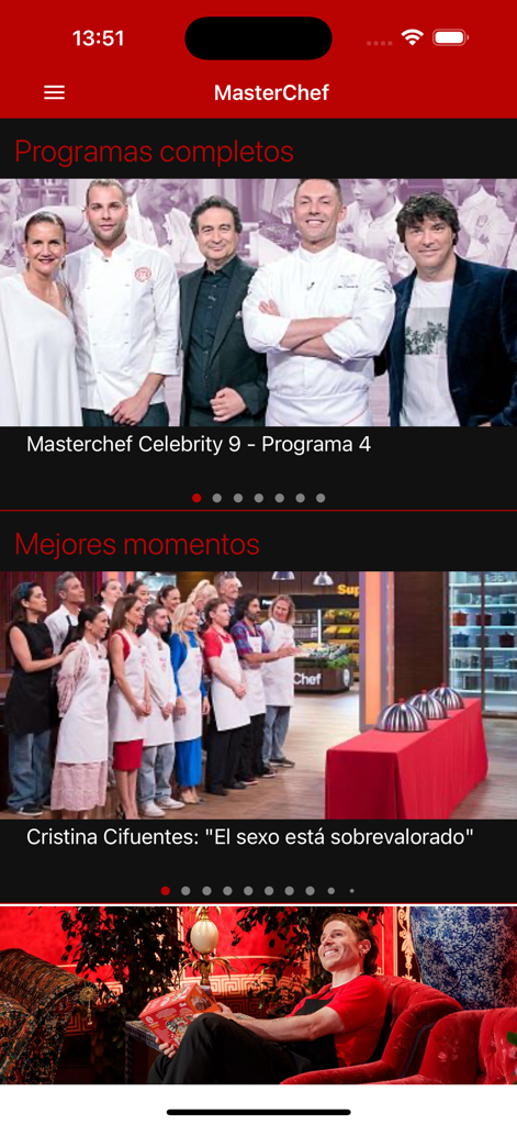 Startbildschirm der MasterChef Spanien-App mit vollständigen Episoden und Highlights.