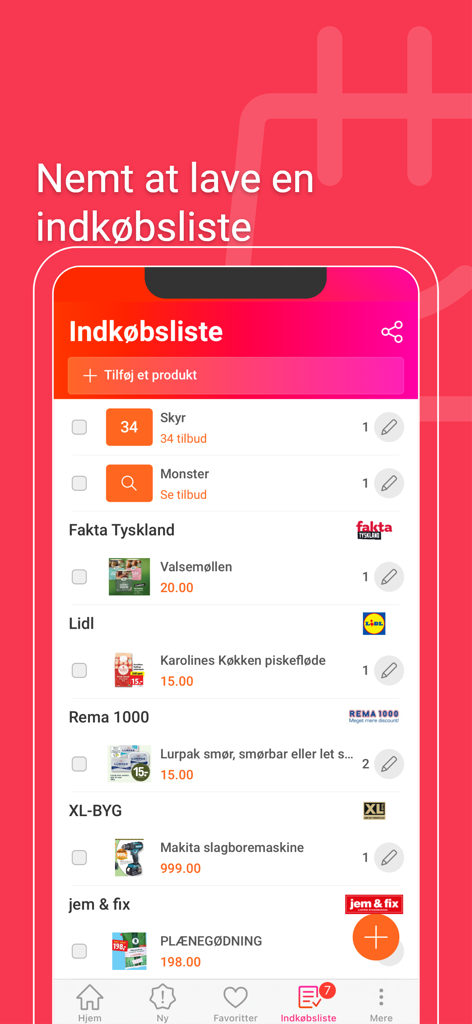 Mobile app interface displaying a digital shopping list with organized grocery and hardware items from various retailers