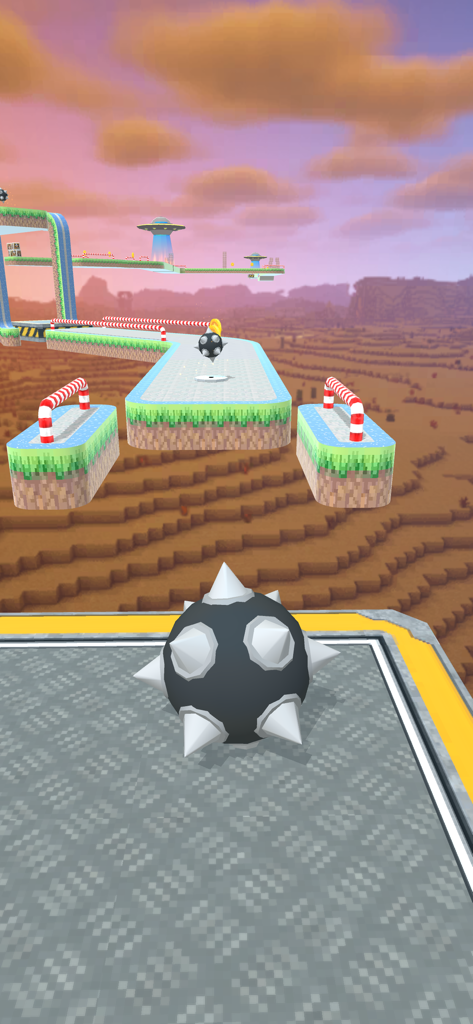 Fly Ball: Sky Parkour - A spiked ball character navigating a craft-inspired floating parkour track in a desert environment.