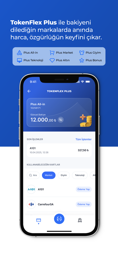 TokenFlex - TokenFlex Plus mobile application interface displaying digital wallet balance and recent merchant transactions