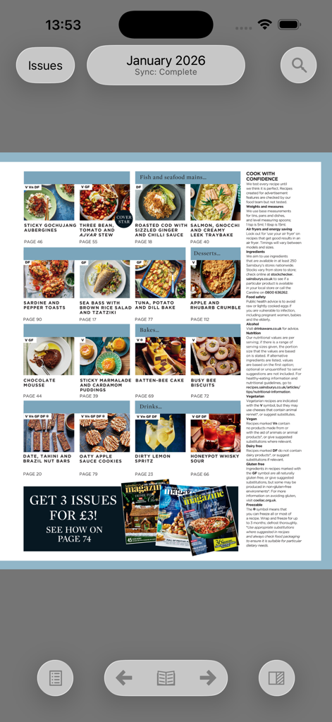 Sainsbury's Magazine - Página de conteúdo digital do aplicativo Sainsbury's Magazine mostrando várias receitas e fotos de comida.