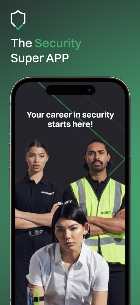 GuardPass 앱 랜딩 화면, 보안 전문가와 '당신의 보안 경력은 여기서 시작됩니다'라는 헤드라인 표시