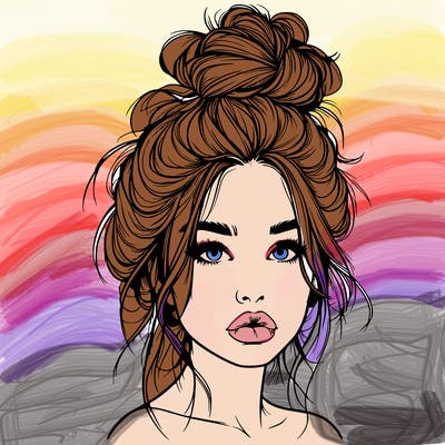 realistic girl with a messy bun and she has lips