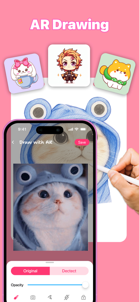 Art Tracer: Photo To Drawing - Smartphone displaying Art Tracer app interface while tracing a cat photo onto paper with a pencil