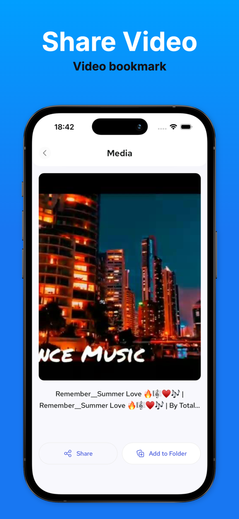 Smartphone screen showing FSaver app with a bookmarked video and options to share or add to a folder