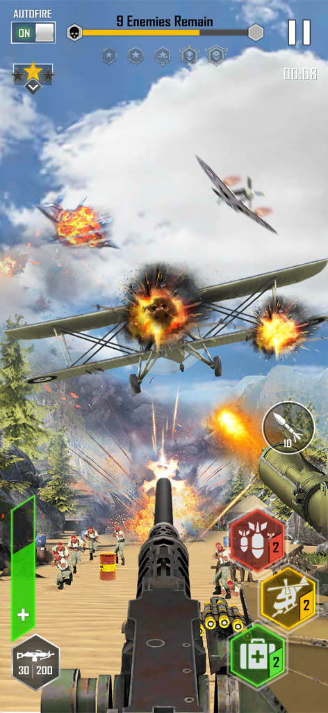 Sky Defense: War Duty - First person view of a machine gun shooting down enemy planes with explosions in the sky