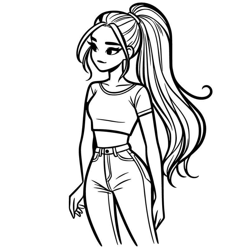 teenage girl with jeans and a crop top with long hair in a high ponytail