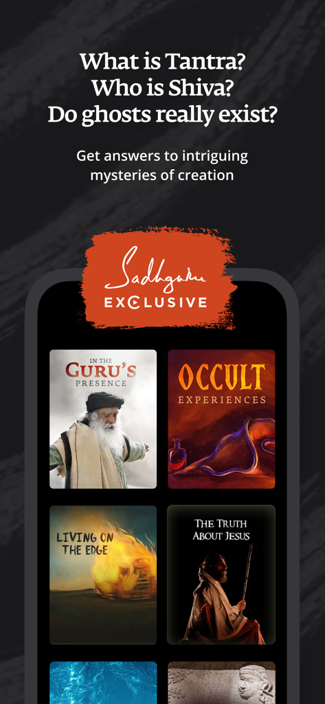 Sadhguru Exclusive app screen showing spiritual video categories and mystical topics