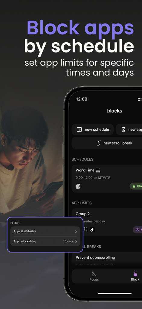Screen Time Control - HeadUp - Interfaz de la aplicación HeadUp mostrando bloqueo de aplicaciones programado para horas de trabajo.
