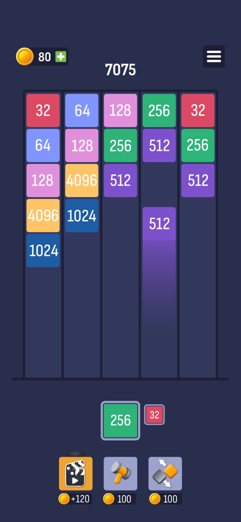 Pantalla de juego de X2 Puzzle que muestra bloques numerados de colores en una cuadrícula para fusionar