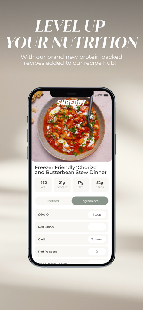 SHREDDYアプリのレシピ画面に、栄養情報と材料とともにチョリソーとバタービーンのシチューが表示されている。