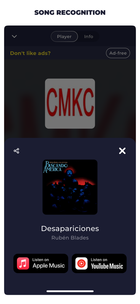 Radio Cuba Live FM AM Online - Song recognition feature in the Radio Cuba app identifying a track by Ruben Blades