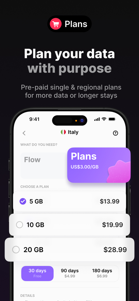 Umi: Universal eSIM & Data - L'interface de l'application Umi montrant diverses options de forfaits de données prépayées pour les voyageurs en Italie.