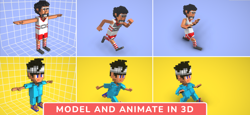 Voxel-Charaktere in verschiedenen Posen, die 3D-Modellierung und Animation in Animatoon zeigen