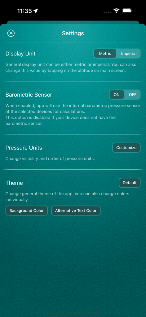 My Altitude - Settings screen of the My Altitude app showing configuration options for display units and barometric sensors
