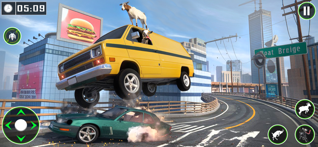 Angry Goat Simulator Game 3D - A goat on top of a yellow van jumping over a car on a city bridge