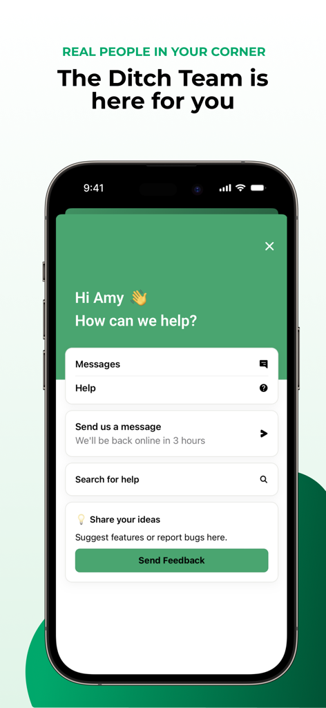 Ditch: Pay Off Debt Faster - Interface of the Ditch app customer support page featuring messaging options and a help center