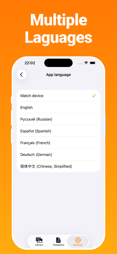 Language selection screen in the EXIF Metadata Editor app showing support for multiple international languages.