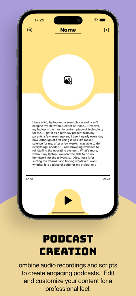 Stube : Podcast & Saver` - Interfaz de la aplicación Stube para la creación de podcasts que combina grabaciones de audio y guiones