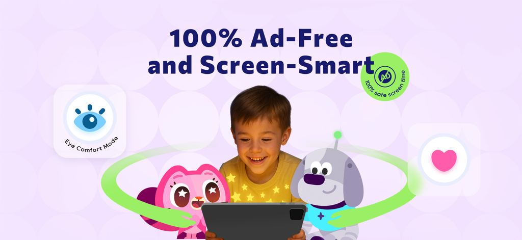Reading Stars: Books for Kids - A smiling boy using the Reading Stars app on a tablet featuring ad free and eye comfort mode settings.