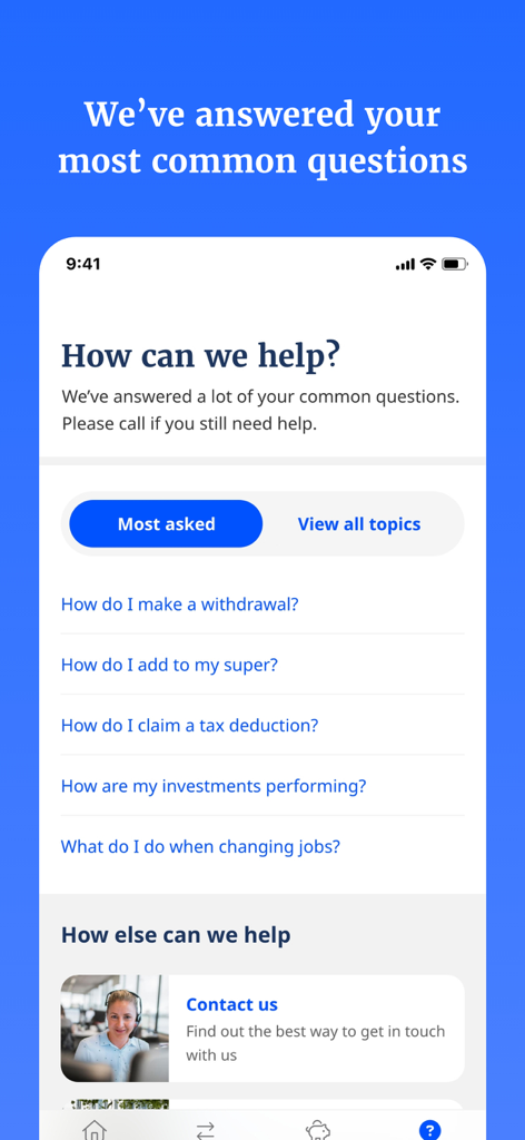 Australian Retirement Trust - The help and support screen of the Australian Retirement Trust app featuring common questions and contact information.