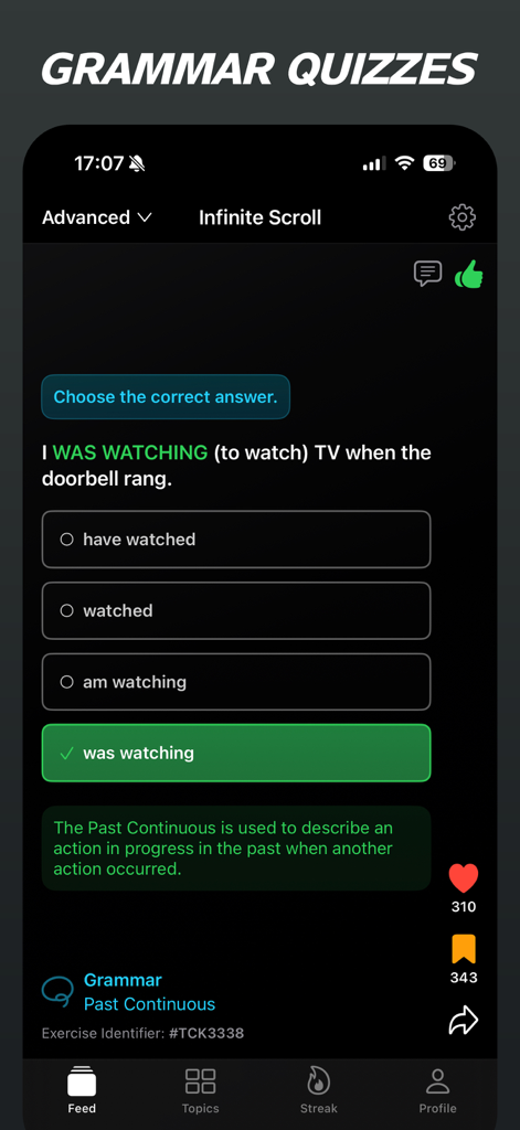 Interfaccia del quiz di grammatica dell'app Cambridge English Shorts che mostra una domanda a scelta multipla sul "past continuous" su un feed a scorrimento infinito