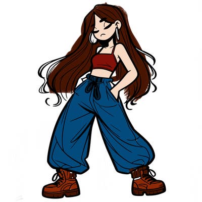 girl in baggy pants crop top and long hair