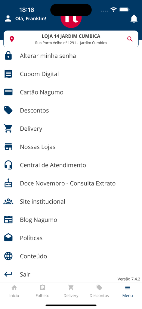 Meu Nagumo - Tela do menu principal do app de supermercado Meu Nagumo mostrando várias funcionalidades como cupons digitais e opções de cartão fidelidade