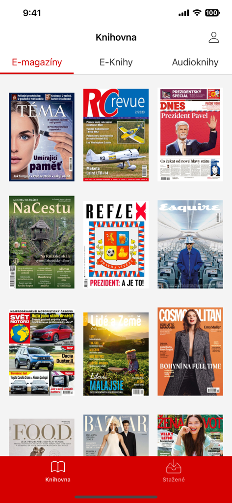 Mediatéka - A digital library interface showing a collection of Czech e-magazine covers in the Mediateka app