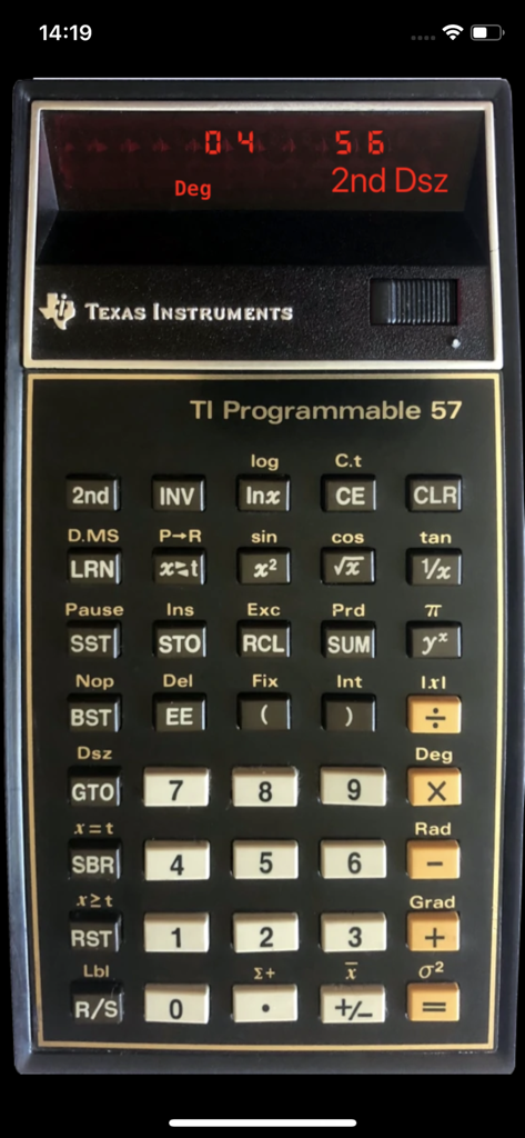 Interface of PockEmul app emulating a vintage Texas Instruments TI Programmable 57 scientific calculator