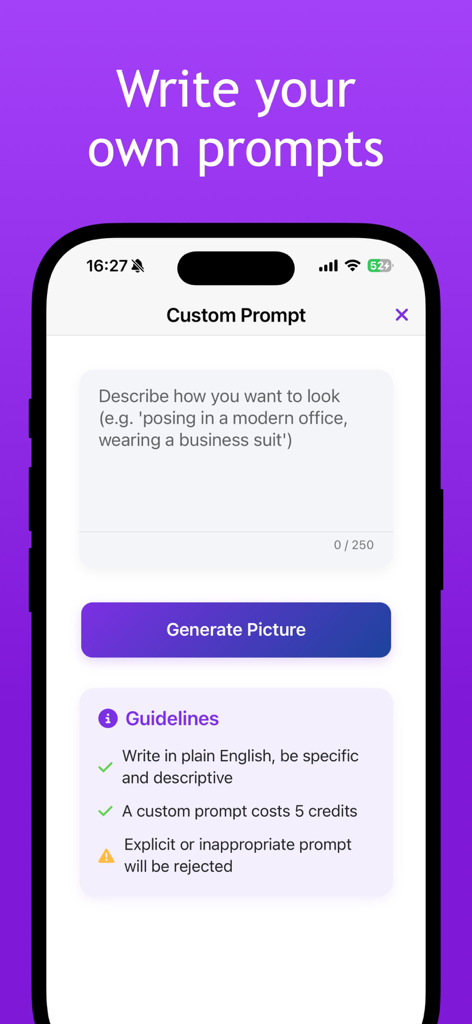 Selfie AI: AI Photo Generator - Interface of the Selfie AI app showing the custom prompt feature to generate personalized AI photos