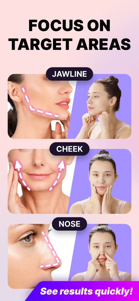 Face yoga exercises focusing on target areas including jawline, cheek and nose