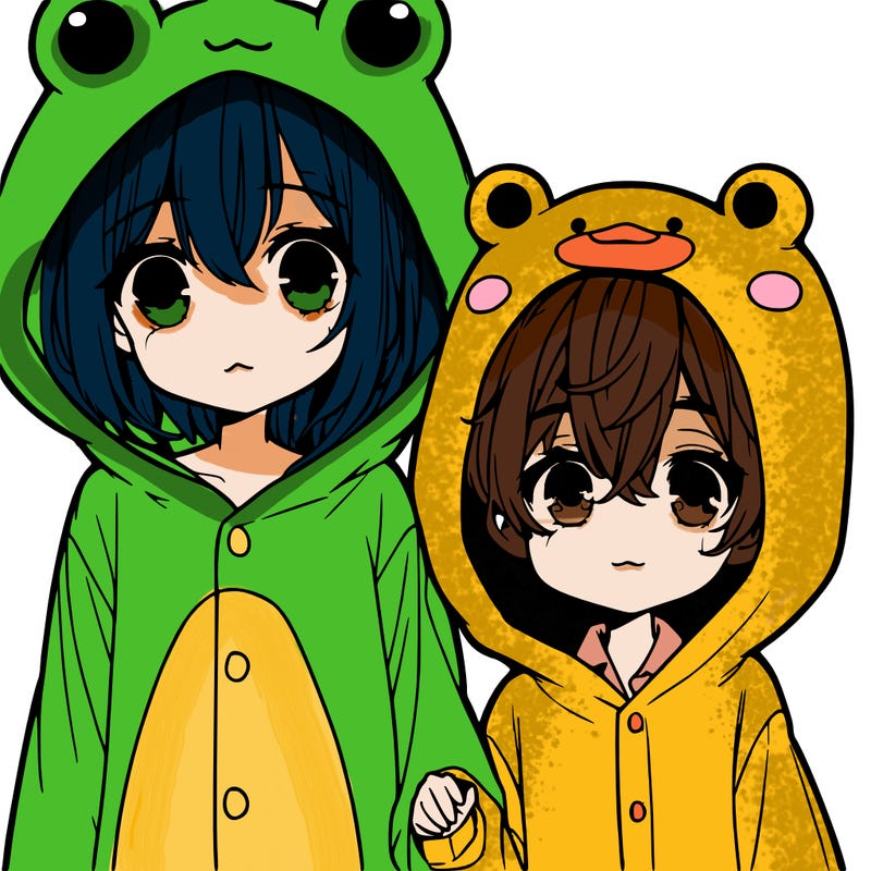 a anime girl in a frog onesie and a boy, and a duck onesie