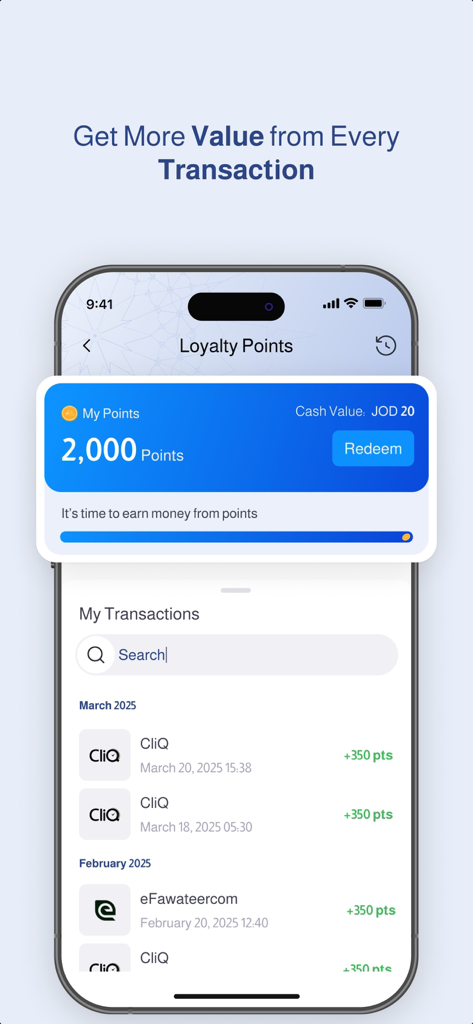 Arabi Islami Mobile - Pantalla de saldo de puntos de fidelidad de la aplicación Arabi Islami Mobile e historial de transacciones de recompensas