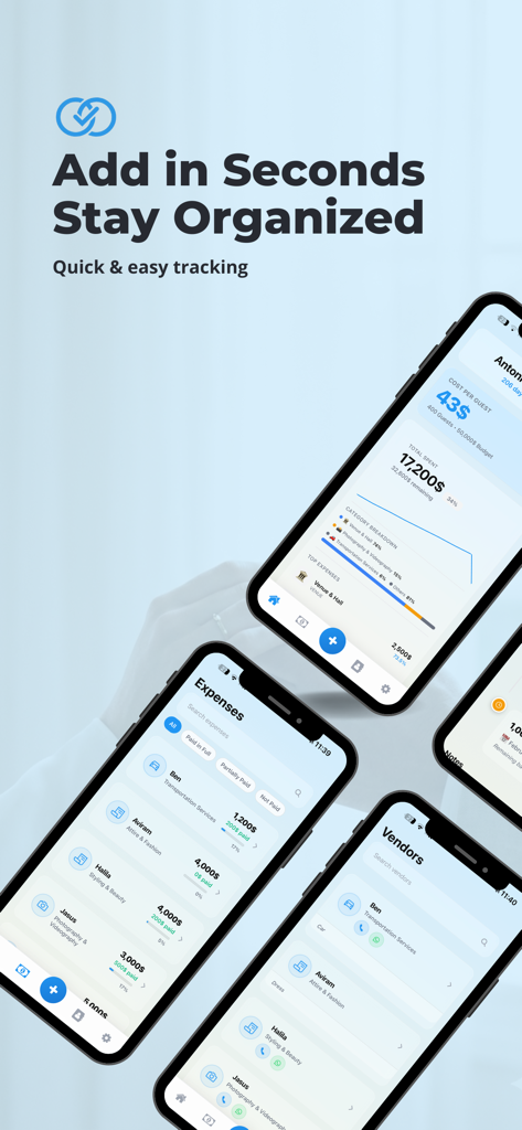 Interface of WeddingBudget app showing cost per guest dashboard and expense list for wedding planning.