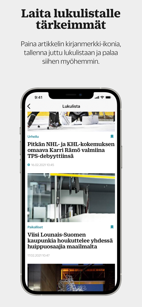 TS – Turun Sanomat - A smartphone screen showing the reading list feature in the Turun Sanomat mobile app with local news articles.