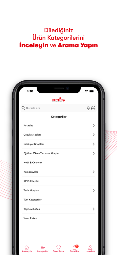 Bkmkitap - Bkmkitap app interface on an iPhone displaying various product categories in Turkish such as stationery and children's books.