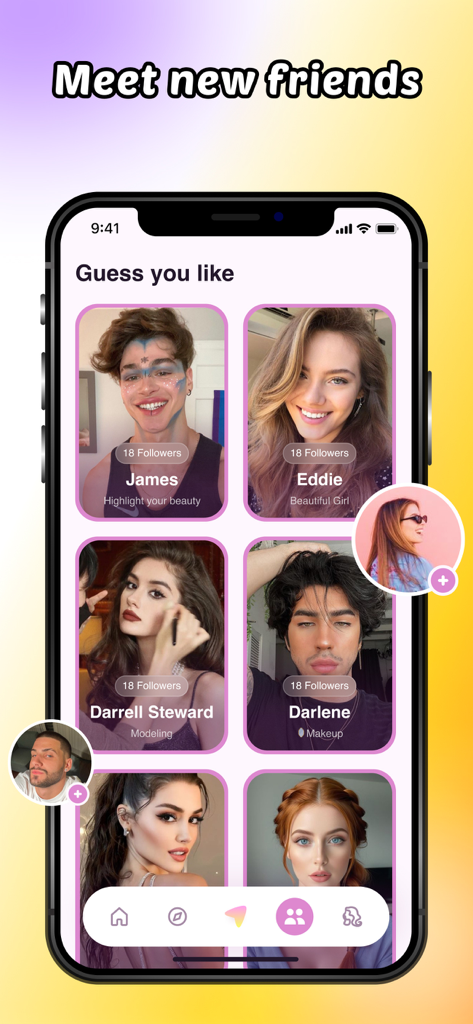 Velvet - Video Chat, Makeup - Screenshot of the Velvet app friend discovery screen showing a grid of user profiles with diverse beauty and makeup looks.