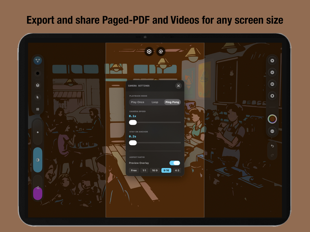 Configuración de cámara e interfaz de opciones de exportación en la aplicación VOID Infinite Zoom Art en iPad