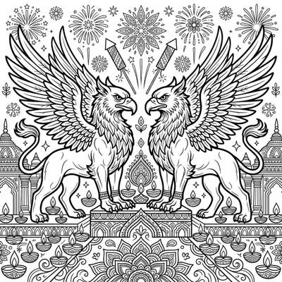 Unleash your creativity with this enchanting coloring page featuring two regal griffin gargoyles celebrating Diwali. Dive into a world of intricate designs, vibrant lights, and mythical grandeur.